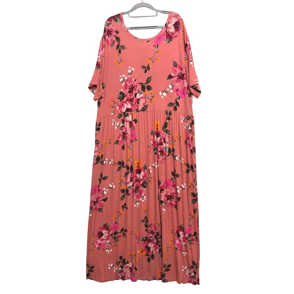 Floral Maxi Dress Women 5XL Pink Empire Waist Pocket Stretch Boho Summer Casual - Picture 9 of 9